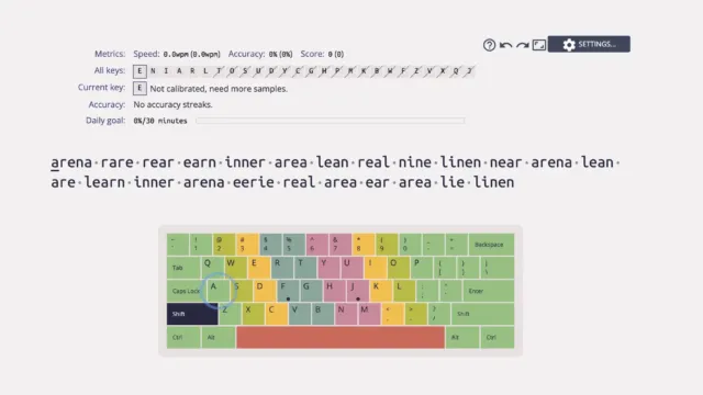 Screenshot of Keybr.com, a typing practice website. The interface displays typing metrics such as speed, accuracy, and score, with a progress bar for a daily typing goal. A series of randomly generated words is shown for practice, and a visual keyboard highlights the currently focused key. The keyboard is color-coded, indicating different finger placements for typing.