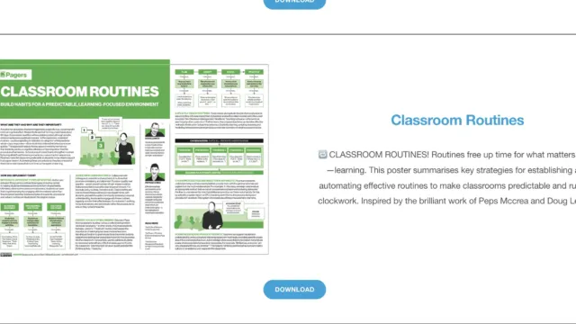 A digital educational poster titled “Classroom Routines” with a green header. The poster outlines strategies for building predictable, learning-focused environments with structured routines. Sections explain why routines matter, how to implement them, and steps for making them automatic. It includes illustrations, diagrams, and references to educational experts Peps McCrea and Doug Lemov. A “Download” button is visible below the description.