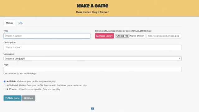 Screenshot of the Baamboozle “Make a Game” interface, showing input fields for Title, Description, Language selection, Tags, and options to set the game’s visibility (Public, Unlisted, Private).
