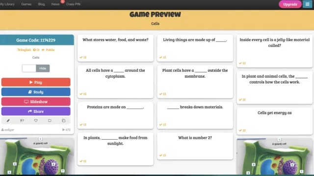 Baamboozle game preview titled “Cells,” displaying multiple quiz question cards about cell biology topics such as cytoplasm, cell membranes, and photosynthesis, along with gameplay buttons labeled Play, Study, Slideshow, and Share.