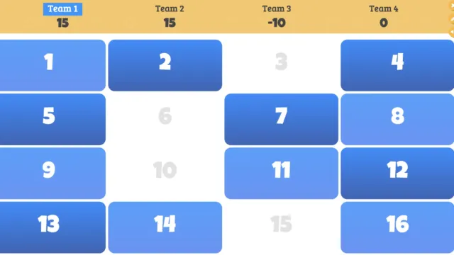 Screenshot of Baamboozle game interface showing a simple team-based scoreboard at the top, with clickable numbered boxes below in shades of blue, representing interactive game questions.