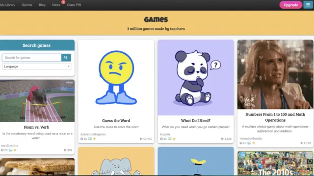 Screenshot of the Baamboozle games homepage, showcasing a search bar for language-based games and various colorful featured games such as “Noun vs. Verb,” “Guess the Word,” and “What Do I Need?”