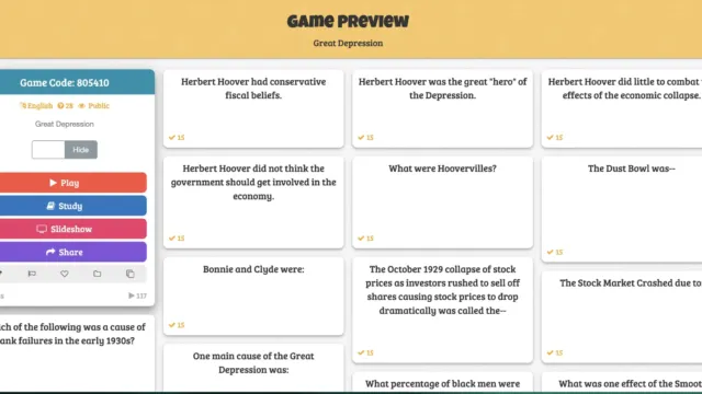 Baamboozle game preview screen displaying the game title “Great Depression,” various quiz questions about Herbert Hoover, the Dust Bowl, and stock market events, and gameplay buttons for Play, Study, Slideshow, and Share.