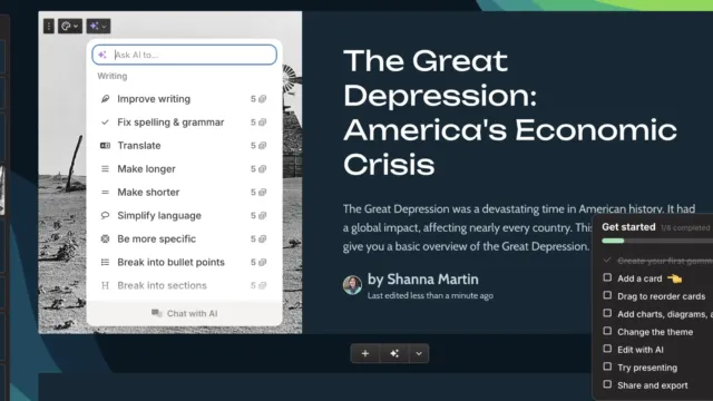A screenshot of a Gamma.app-generated presentation slide titled “The Great Depression: America’s Economic Crisis.” The left sidebar displays a vertical list of eight slides with various images and titles. The main slide has a dark background with white text and includes an AI editing menu with options such as “Improve writing,” “Fix spelling & grammar,” “Make shorter,” and “Simplify language.” A to-do list for editing and customization is visible at the bottom.