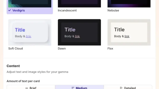 A screenshot of the Gamma.app interface showing the theme selection screen for presentations. Six theme options are displayed: Verdigris, Incandescent, Nebulae, Soft Cloud, Dawn, and Flax. The “Verdigris” theme is selected. Below, options for text density (Brief, Medium, Detailed) and image source settings are visible. A purple “Generate” button is at the bottom.