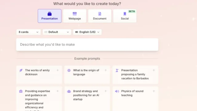 A screenshot of the Gamma.app content generation interface. The user is prompted with “What would you like to create today?” with options for “Presentation,” “Webpage,” “Document,” and “Social.” Example prompts include “The works of Emily Dickinson,” “What is the origin of language,” and “Brand strategy and positioning for an AI startup.” The interface has a pink gradient background with a “Shuffle” button and a purple “Generate” button.