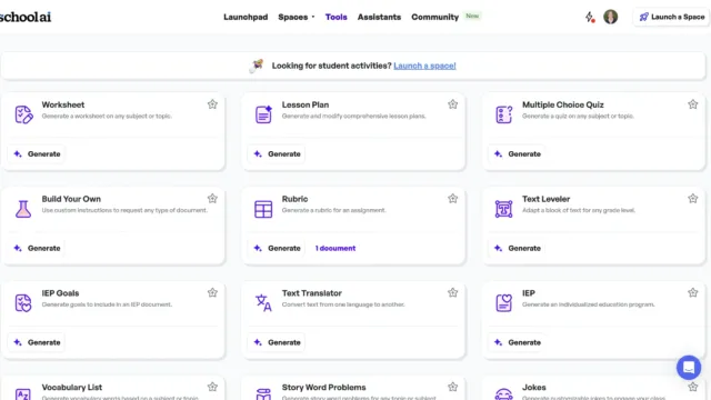 A screenshot of the SchoolAI platform’s ‘Tools’ section displaying various AI-powered educational tools. Options include ‘Worksheet,’ ‘Lesson Plan,’ ‘Multiple Choice Quiz,’ ‘Rubric,’ ‘IEP Goals,’ ‘Text Translator,’ ‘Story Word Problems,’ and more, each with a ‘Generate’ button. The interface has a clean layout with icons and text descriptions.