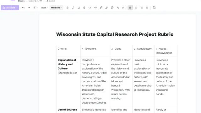 A digital rubric document titled ‘Wisconsin State Capital Research Project Rubric.’ The rubric includes a table with four criteria levels: Excellent, Good, Satisfactory, and Needs Improvement. The criteria listed include ‘Explanation of History and Culture’ and ‘Use of Sources,’ with detailed descriptions for each rating level.