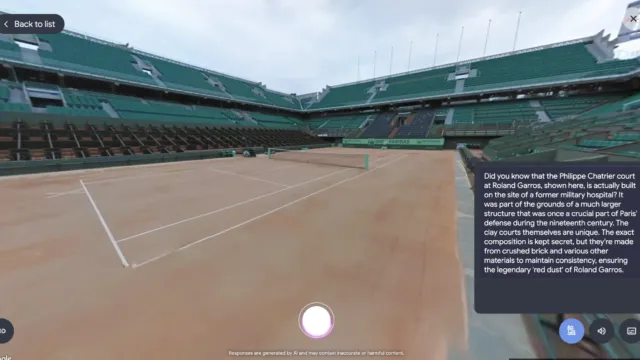Screenshot from Google Arts & Culture’s Talking Tours featuring the Philippe Chatrier tennis court at Roland Garros, with the clay court clearly visible and empty stadium seating around it. An information box describes its unique history and construction.