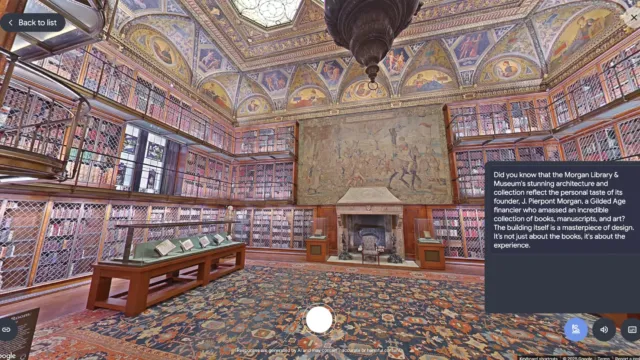 Screenshot from Google Arts & Culture’s Talking Tours, showcasing the ornate interior of the Morgan Library & Museum, filled with historic books, intricate tapestries, and a richly decorated ceiling. An informational box provides historical context about the location.