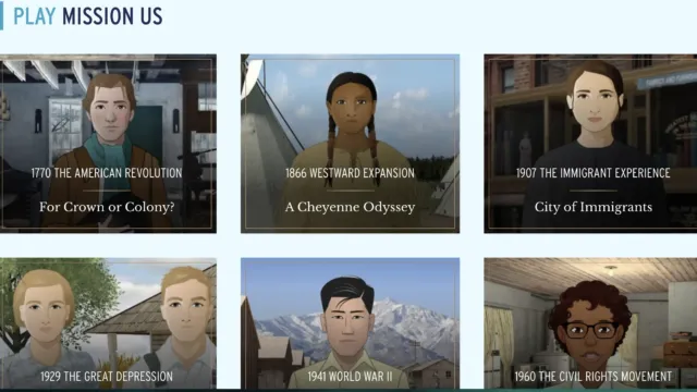 Screenshot of Mission US gameplay options highlighting various historical missions, including “1770 The American Revolution,” “1866 Westward Expansion,” and “1907 The Immigrant Experience,” each illustrated with a distinct character representing the time period.