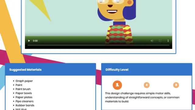 Screenshot from Technovation Families showing a colorful animated video player along with suggested materials for an educational activity, including items like paper plates, pipe cleaners, and hot glue, alongside a difficulty rating indicating suitability for a 4th-grade classroom.