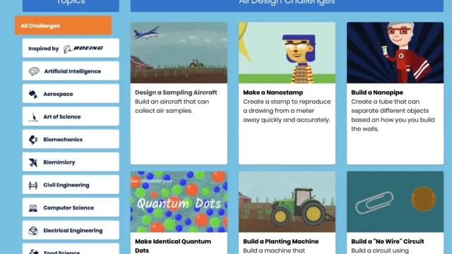 Screenshot from Technovation Families' "All Design Challenges" page featuring various STEM-related activities like "Design a Sampling Aircraft," "Make a Nanostamp," and "Build a Nanopipe," organized by scientific categories such as aerospace, biomechanics, and computer science.