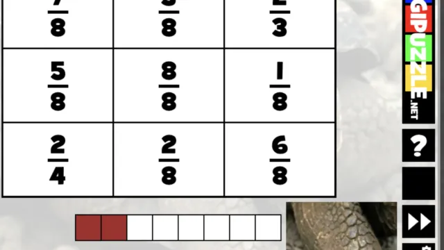 Screenshot of a fractions-matching activity on Digipuzzle.net. The game involves matching numerical fractions (e.g., 7/8, 3/8) to visual representations using segmented bars.