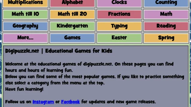 Screenshot from Digipuzzle.net showing educational categories including Multiplications, Alphabet, Fractions, Geography, Kindergarten, and Typing, along with a brief description welcoming visitors to educational games suitable for hours of learning fun.