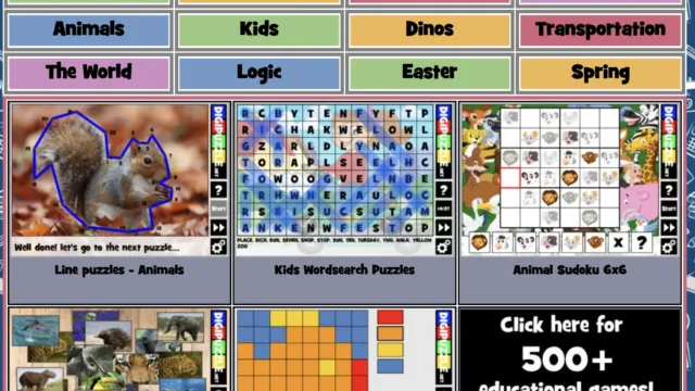Screenshot from Digipuzzle.net displaying various categories such as Education, Animals, Logic, Easter, and Spring, alongside preview images of interactive games including animal puzzles, word searches, and animal-themed Sudoku.