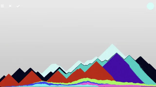 Screenshot of a digital artwork created with Thisissand, featuring vibrant, colorful sand layers forming abstract mountain peaks.