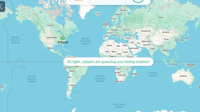Screenshot of Hide & Seek World gameplay showing a world map with a player’s hiding spot highlighted, as other players guess the location.