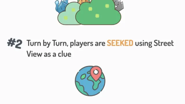 An illustrated guide explaining how to play Hide & Seek World, detailing hiding locations, clues from Street View, and the game’s scoring system.