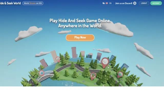 Landing page of Hide & Seek World featuring playful animated scenery with clouds, trees, buildings, and a river, inviting users to play online globally.