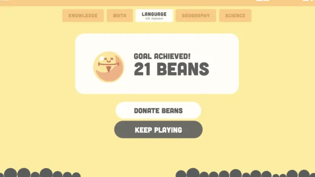 Screenshot showing the results screen from BeanBeanBean. The game congratulates the player with “Goal Achieved! 21 Beans” in bold text. Options below include “Donate Beans” and “Keep Playing.” The interface shows the selected category as “Language.”