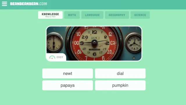 Screenshot of a quiz screen in BeanBeanBean. The interface has a vintage clock image above four multiple-choice answer buttons labeled “newt,” “dial,” “papaya,” and “pumpkin.” The category tab “Knowledge” is selected, and the difficulty level is marked “Easy.”