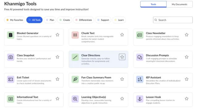 Dashboard view of Khanmigo Tools on Khan Academy, showing a variety of AI-powered teaching tools such as Blooket Generator, Chunk Text, Class Newsletter, Discussion Prompts, Exit Ticket, Fun Class Summary Poem, IEP Assistant, and Lesson Hook.