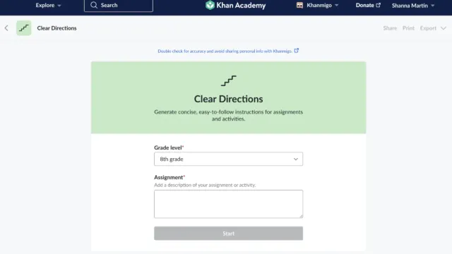 Screenshot of Khanmigo’s “Clear Directions” tool on Khan Academy. The interface prompts users to select a grade level and enter an assignment description to generate concise instructions for students.