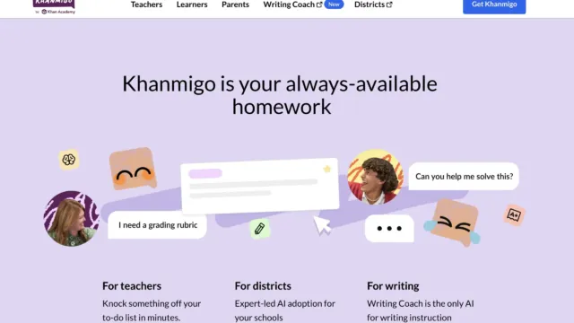 Homepage for Khanmigo with the headline “Khanmigo is your always-available homework.” The page highlights uses for teachers, districts, and writing support, with chat bubbles and icons illustrating examples such as grading rubrics and student questions.