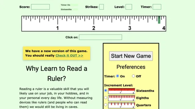 Screenshot of the Dial Caliper Game showing a digital dial caliper interface. The dial reads 0 and the caliper slider is set to approximately 1.9 inches. Buttons for adjusting the dial and submitting answers appear on the screen.