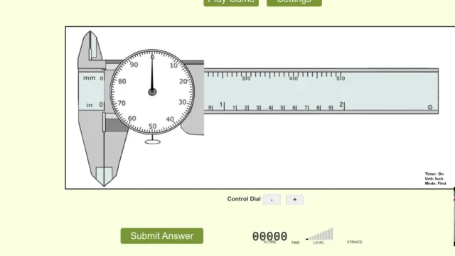 Screenshot of the Ruler Game displaying a ruler marked in sixteenths and an interface for selecting measurements. Includes a yellow pop-up encouraging users to try a new version of the game, along with preference settings for timer and increment level.