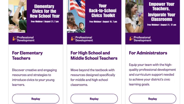 iCivics game selection screen featuring “Investigation Declaration,” “LawCraft,” and “Neighborhood Good,” showcasing civic learning games for different grade levels with illustrated character art.