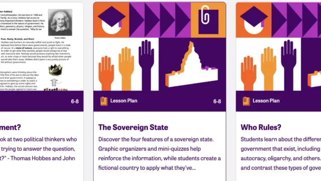 iCivics lesson plan thumbnails for “Why Government?,” “The Sovereign State,” and “Who Rules?” for grades 6–8, focusing on government systems and political theory through interactive classroom materials.