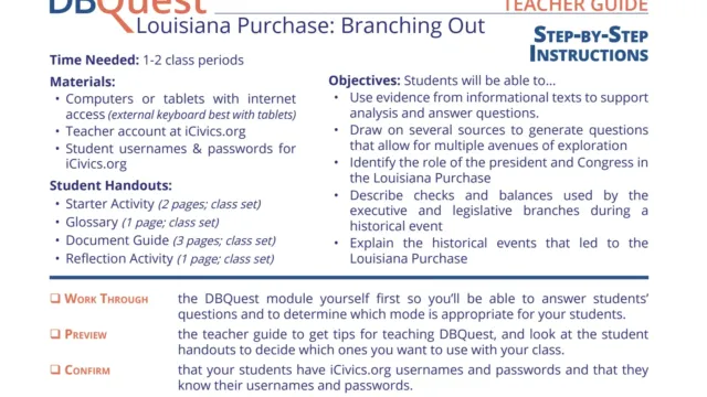 DBQuest teacher guide for the “Louisiana Purchase: Branching Out” module, outlining objectives, required materials, and step-by-step teaching instructions for civic analysis and historical study.