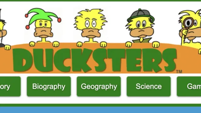 A banner featuring five cartoon ducks dressed in different outfits above the word “Ducksters.” Buttons below link to categories: History, Biography, Geography, Science, and Games.