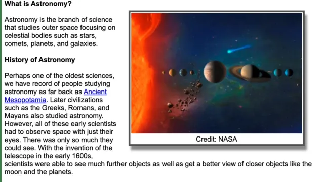 A webpage titled “Science: Astronomy for Kids” with text explaining what astronomy is and a history of astronomy. On the right is an illustration of the solar system with planets lined up in front of a bright, fiery sun. Credit: NASA.
