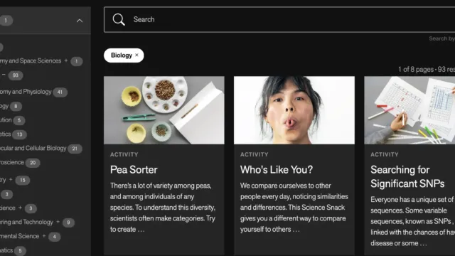 Exploratorium activity search results showing biology lessons such as “Pea Sorter,” “Who’s Like You?,” and “Searching for Significant SNPs,” with a sidebar to filter by science subject areas.