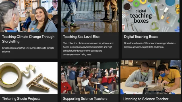 Exploratorium page titled “Tools for Teaching and Learning,” featuring colorful school supplies like scissors, rulers, and paper clips against a blue background.