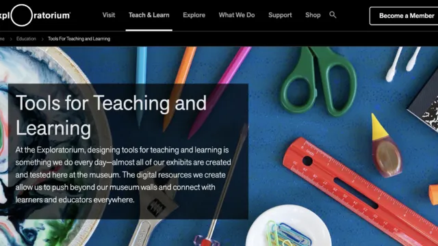 Exploratorium education resources grid featuring projects and teaching materials including Digital Teaching Boxes, Tinkering Studio Projects, and Teaching Climate Change Through Storytelling.