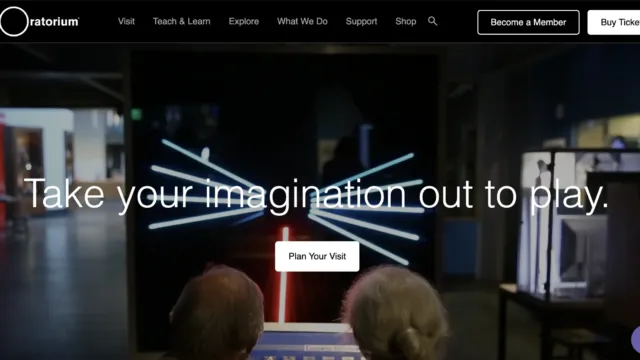 Homepage of the Exploratorium museum with the tagline “Take your imagination out to play,” showing visitors interacting with a glowing light exhibit.
