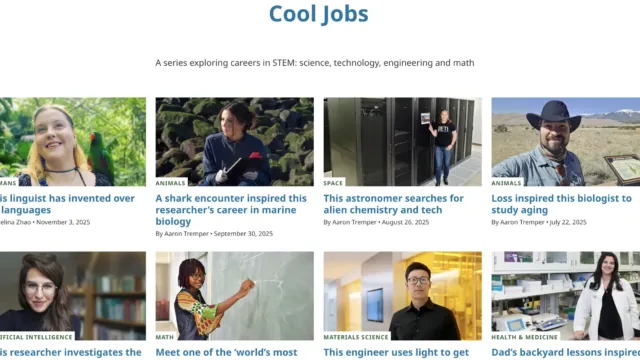 Science News Explores “Cool Jobs” section featuring STEM professionals including a linguist, marine biologist, astronomer, and materials engineer, each pictured in their work environments.