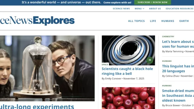 Homepage of Science News Explores showing featured science stories about black holes, human waste research, linguistics, and ancient mummies, with a large header image of scientists observing an experiment under a glass dome.