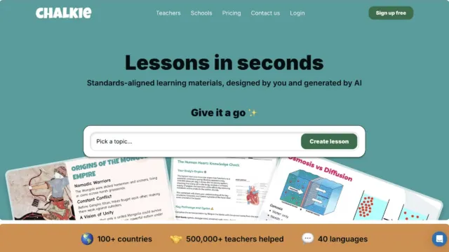 Chalkie homepage highlighting AI-generated lessons with a topic input bar and sample materials displayed.