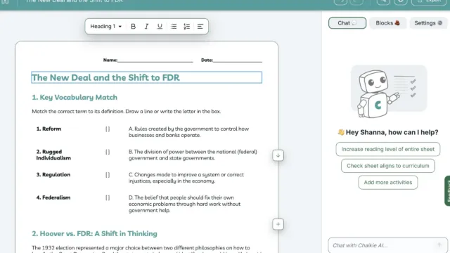 Editable worksheet on the New Deal with vocabulary matching and AI assistant suggestions on the side.