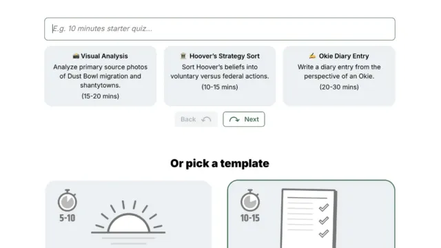 Lesson creation screen with prompt box and activity ideas like visual analysis, strategy sort, and diary entry.