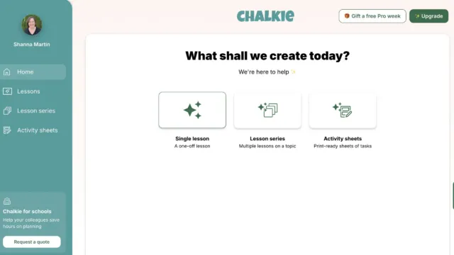 Chalkie dashboard showing options to create a single lesson, lesson series, or activity sheets.